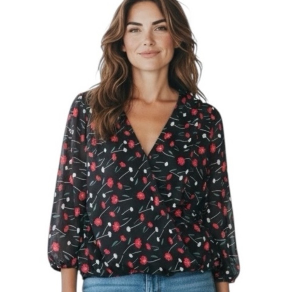 ASTR LABEL STITCH FIX BLACK RED PRINT SURPLICE NECK LONG puff SLEEVE TOP M